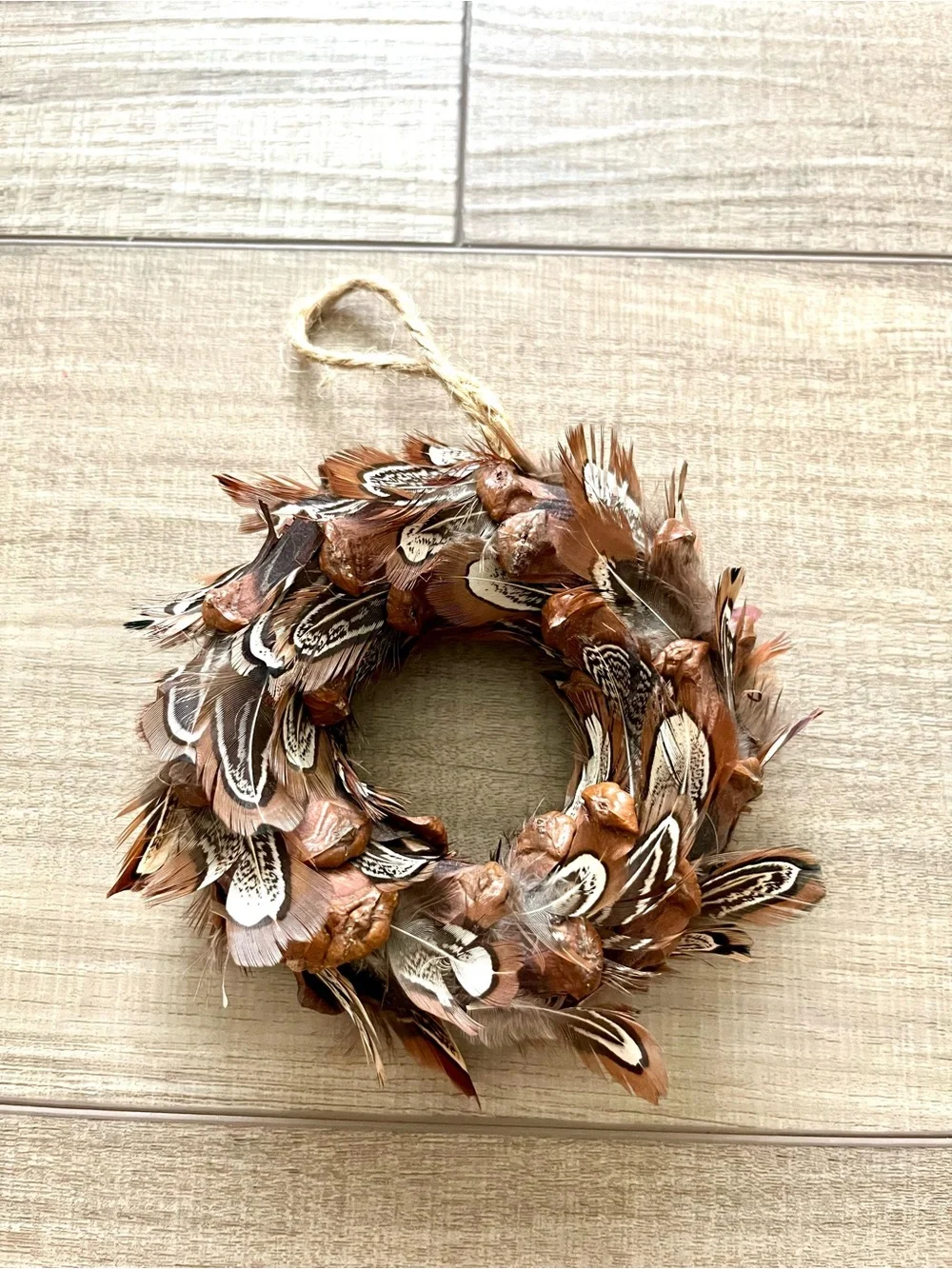 Handmade Natural Brown Pheasant Feather Holiday Ornament Wreath